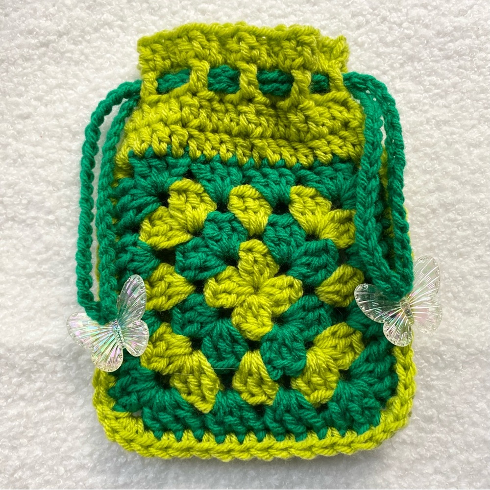 Green Crochet Drawstring Pouch